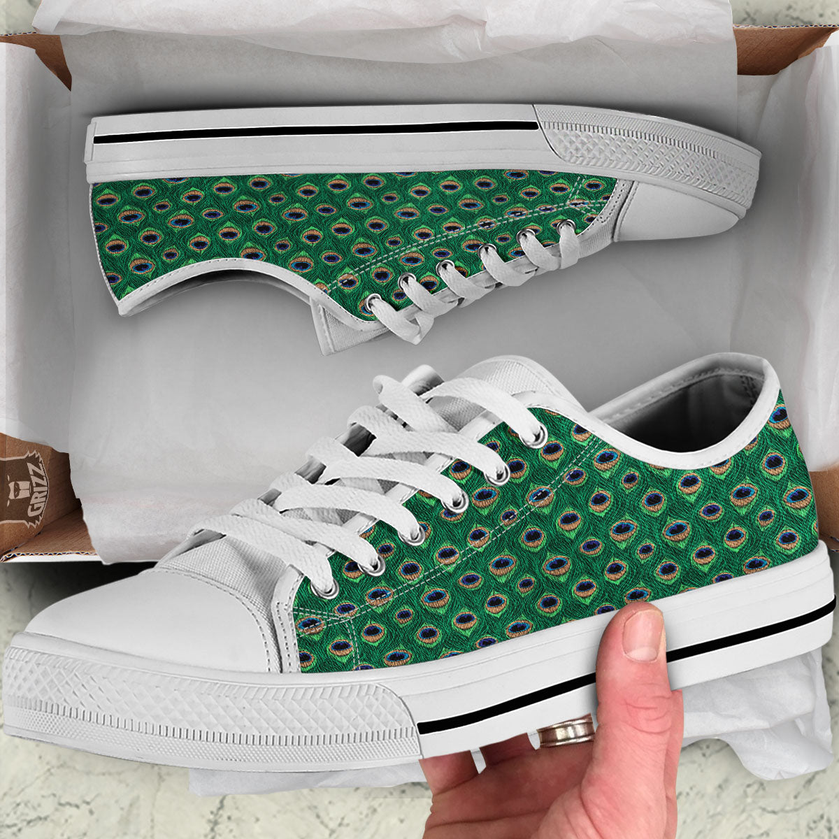 Peacock Tail Print White Low Top Shoes-grizzshop