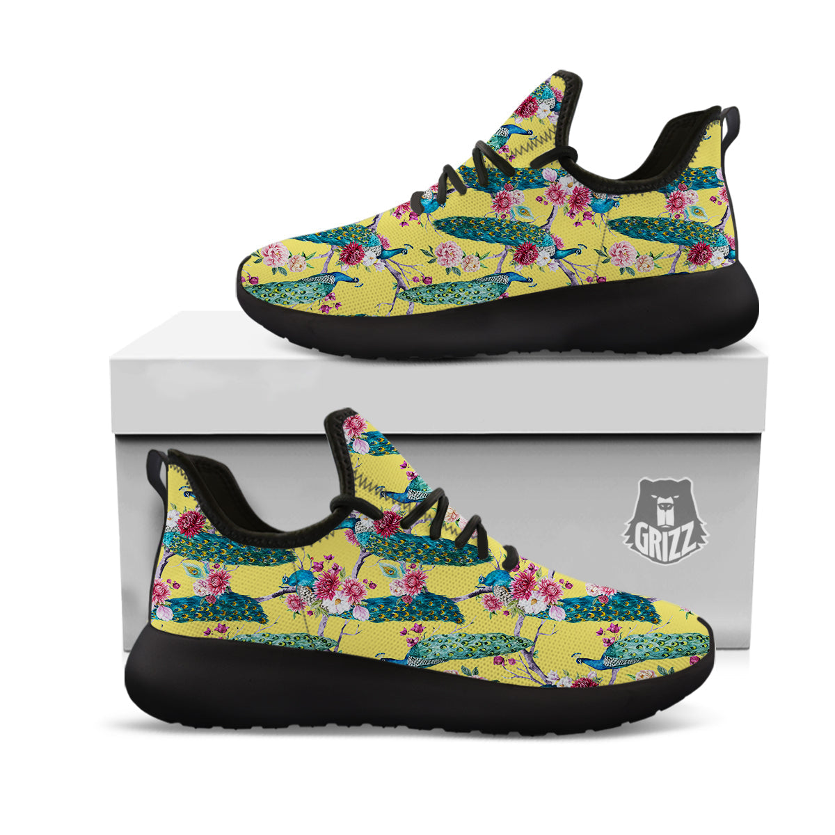 Peacock Vintage Watercolor Print Pattern Black Athletic Shoes-grizzshop
