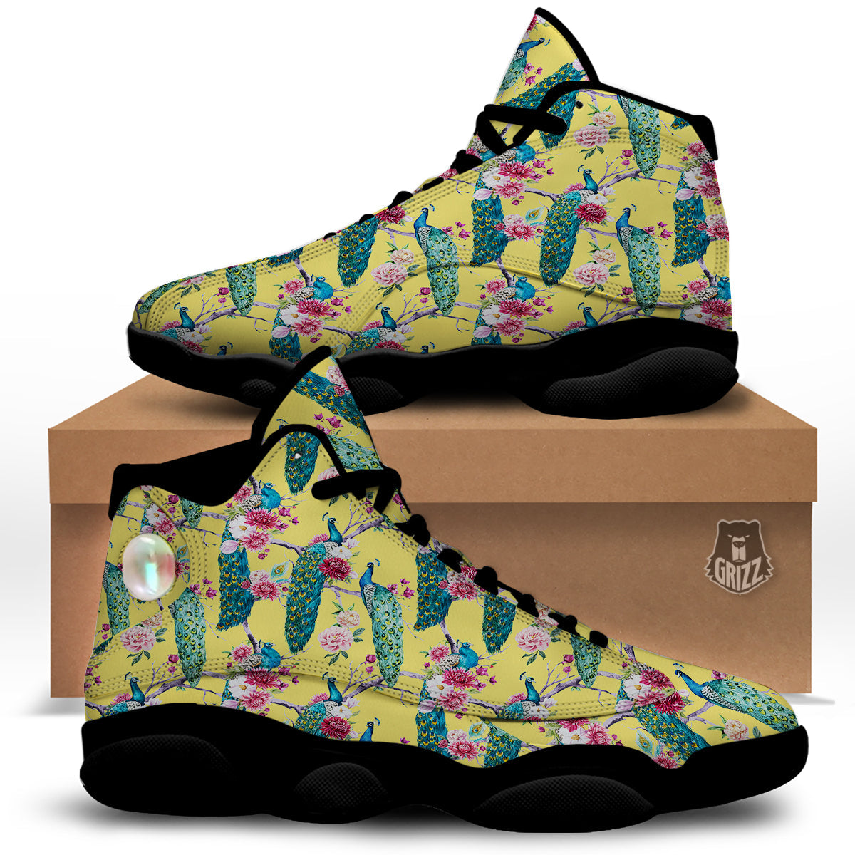 Peacock Vintage Watercolor Print Pattern Black Basketball Shoes-grizzshop