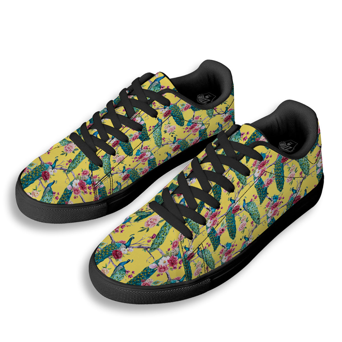 Peacock Vintage Watercolor Print Pattern Black Low Top Sneakers-grizzshop