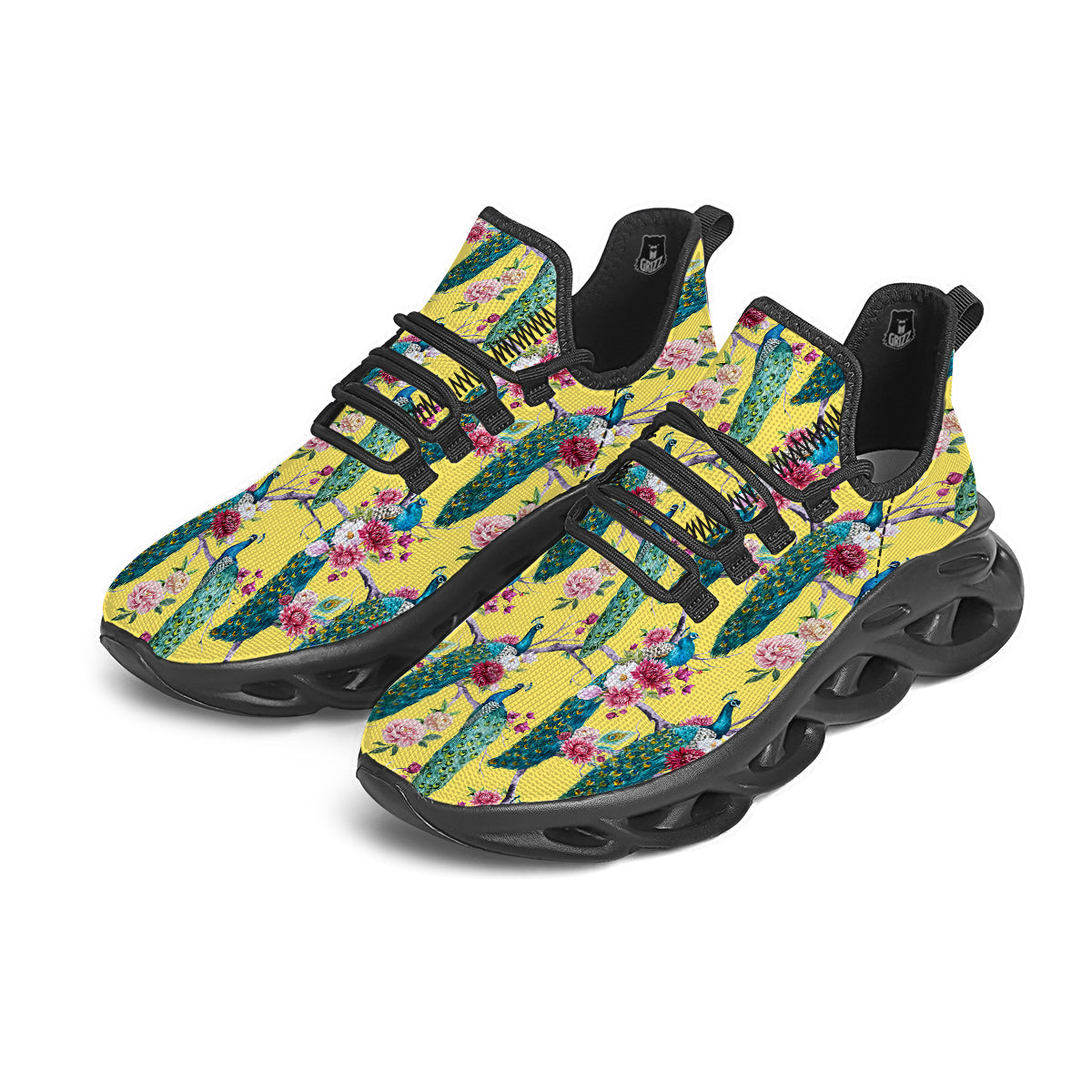 Peacock Vintage Watercolor Print Pattern Black Running Shoes-grizzshop