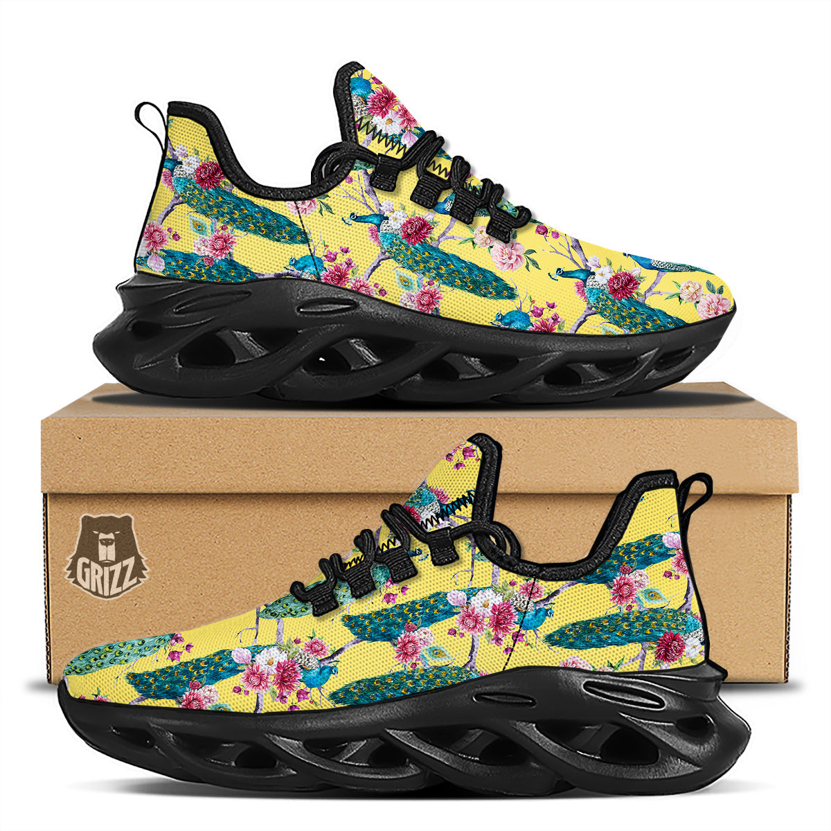 Peacock Vintage Watercolor Print Pattern Black Running Shoes-grizzshop