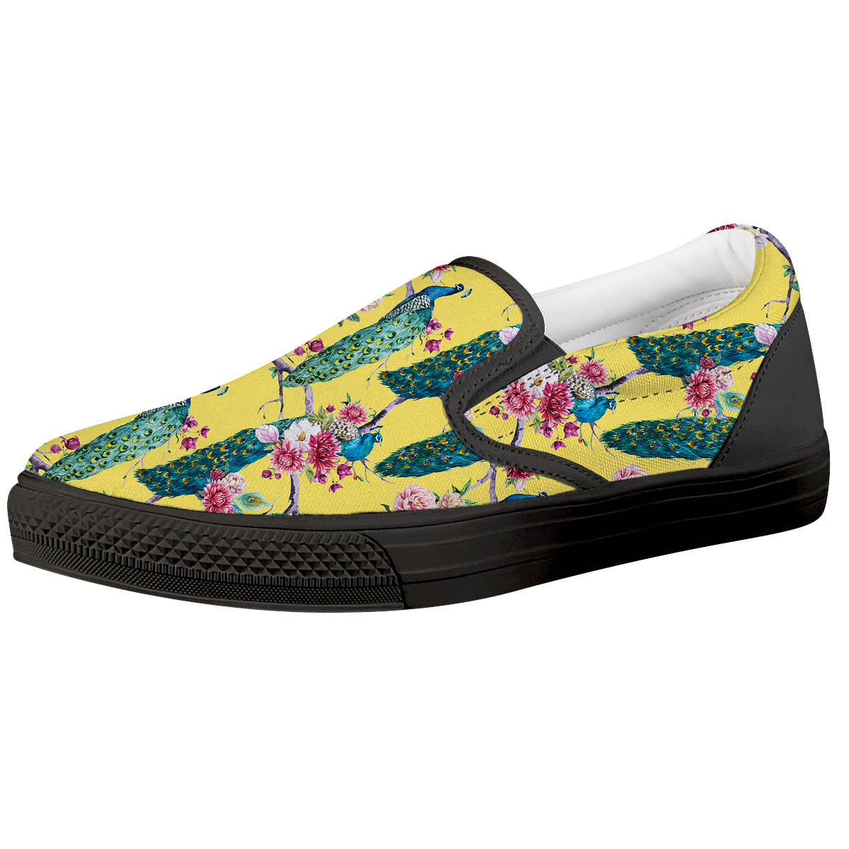 Peacock Vintage Watercolor Print Pattern Black Slip On Shoes-grizzshop