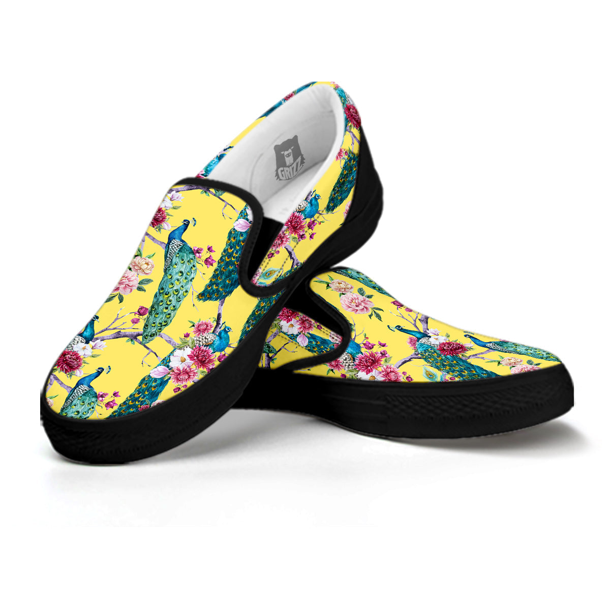 Peacock Vintage Watercolor Print Pattern Black Slip On Shoes-grizzshop