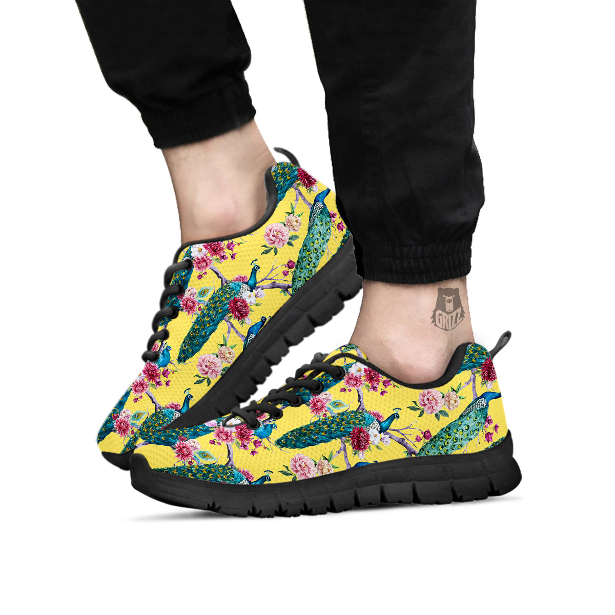 Peacock Vintage Watercolor Print Pattern Black Sneaker-grizzshop