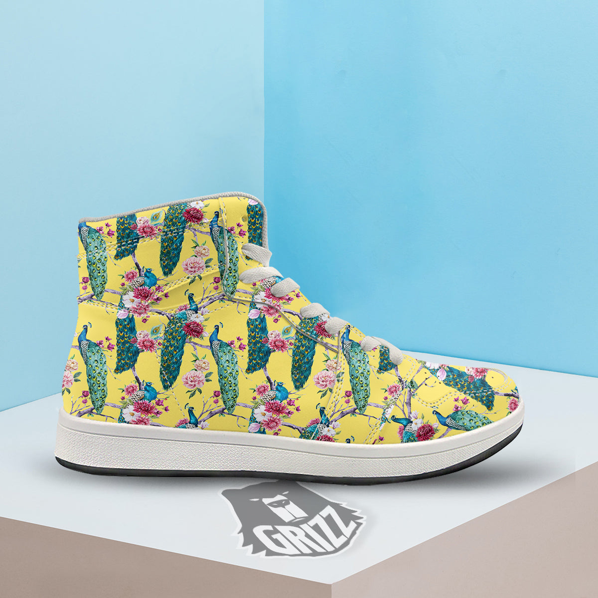Peacock Vintage Watercolor Print Pattern High Top Sneakers-grizzshop