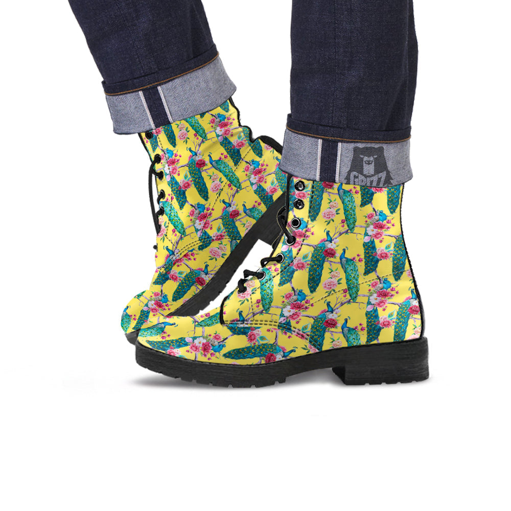 Peacock Vintage Watercolor Print Pattern Leather Boots-grizzshop