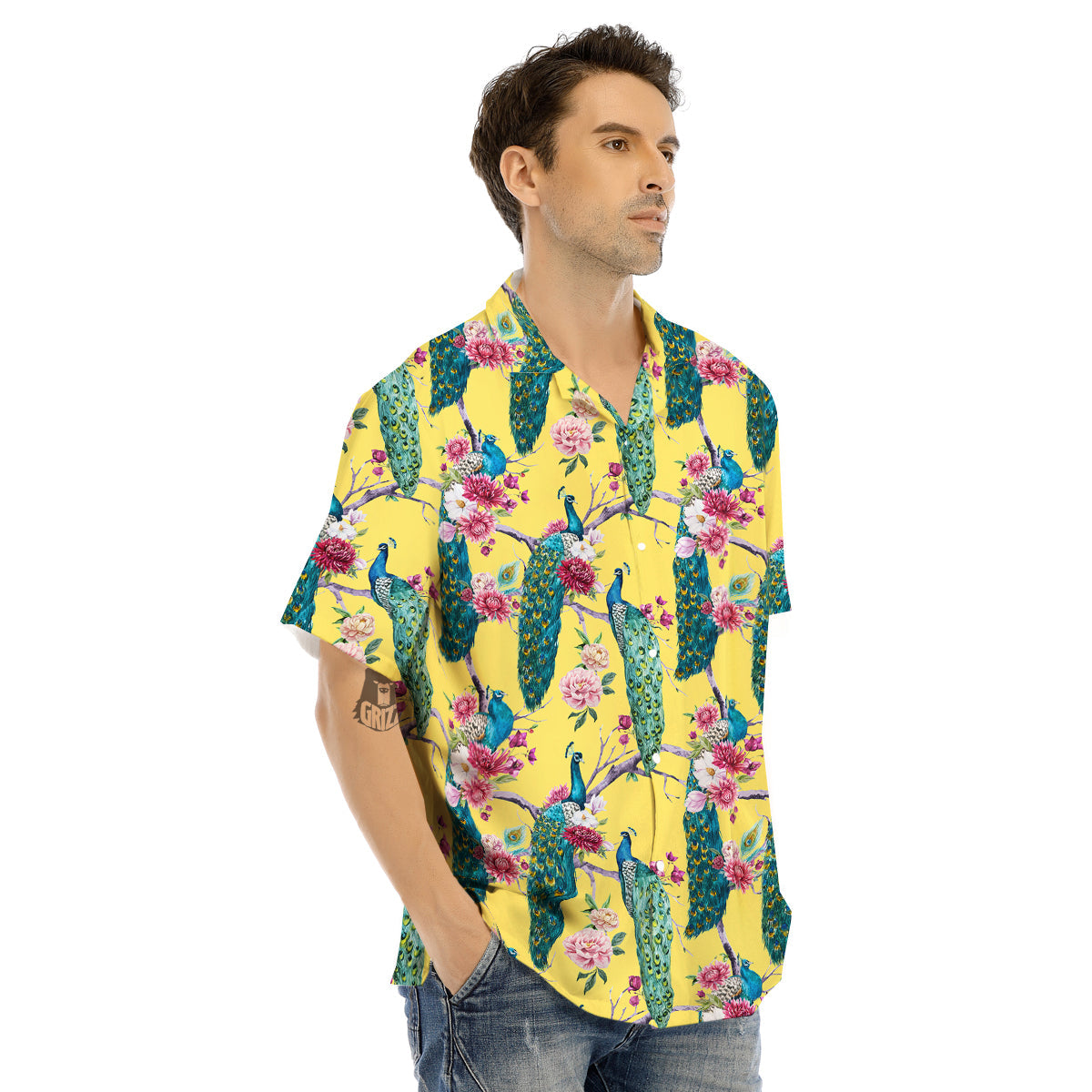 Peacock Vintage Watercolor Print Pattern Men's Hawaiian Shirt-grizzshop