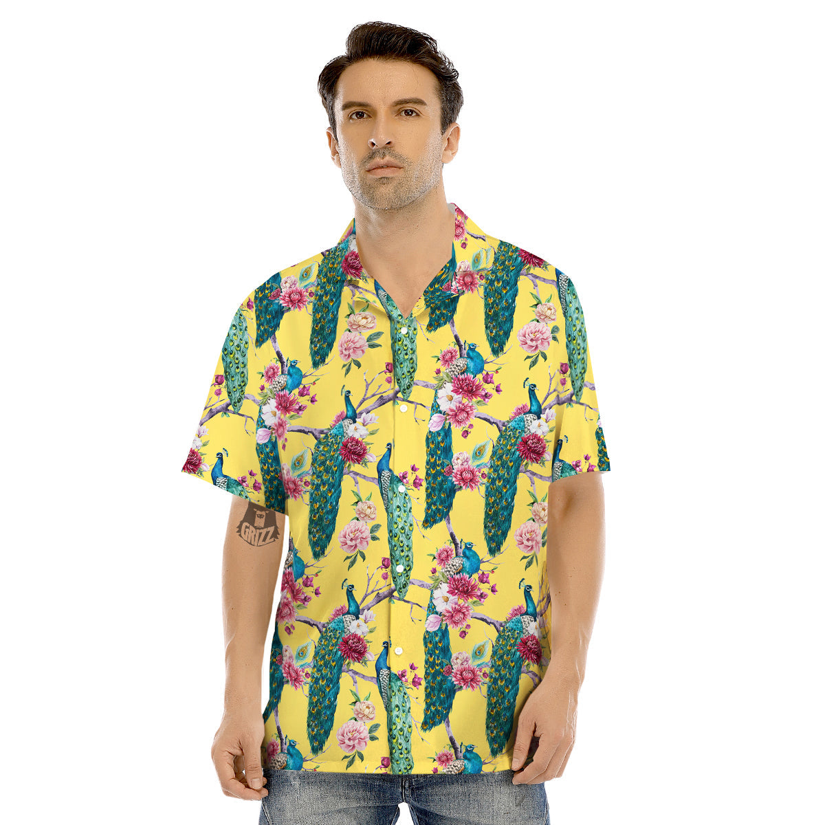 Peacock Vintage Watercolor Print Pattern Men's Hawaiian Shirt-grizzshop