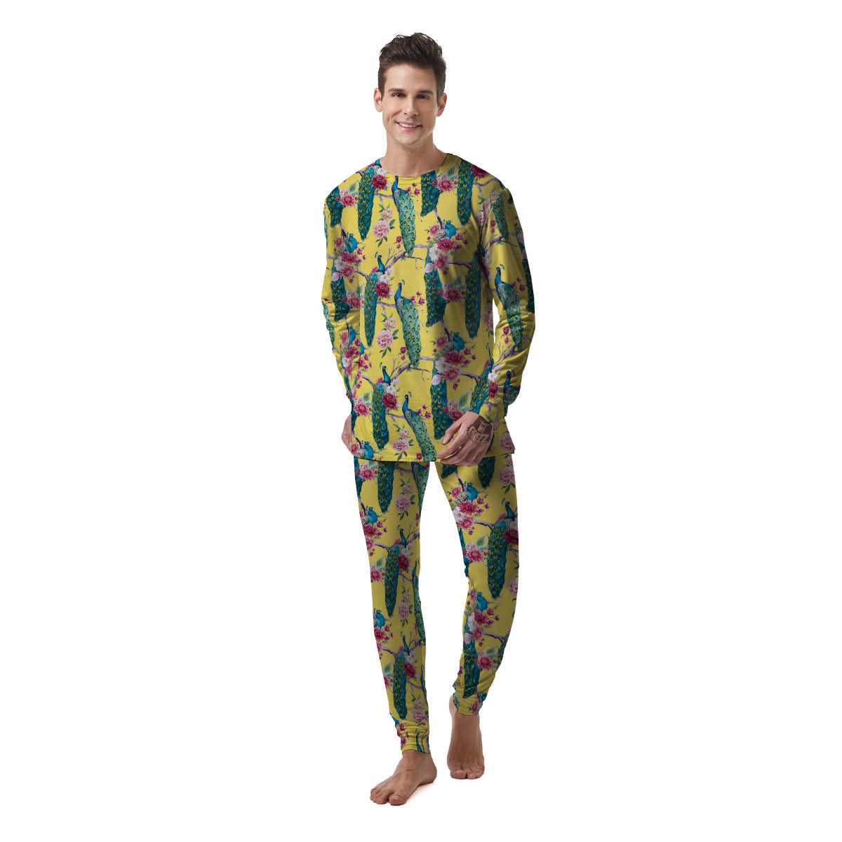 Peacock Vintage Watercolor Print Pattern Men's Pajamas-grizzshop