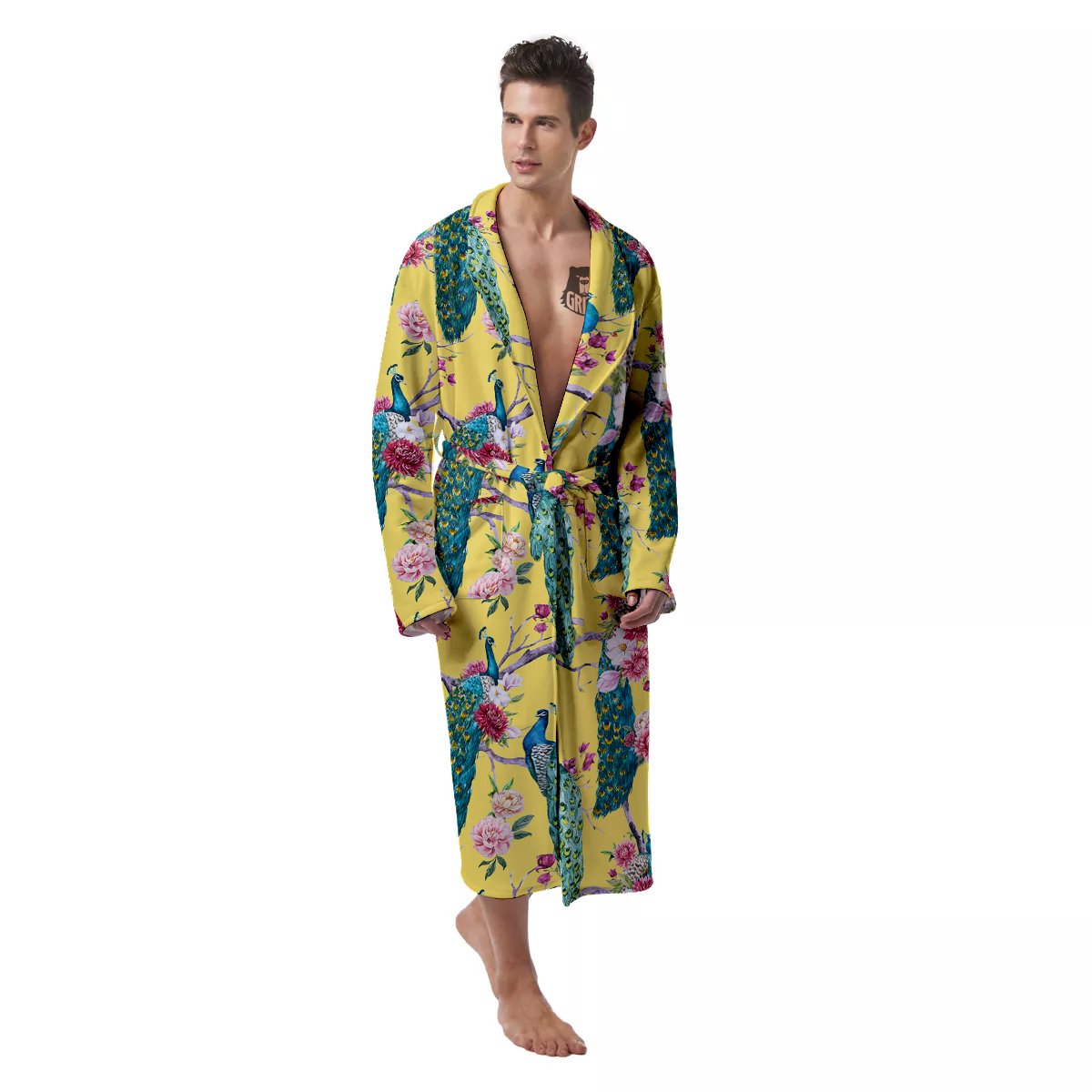 Peacock Vintage Watercolor Print Pattern Men's Robe-grizzshop