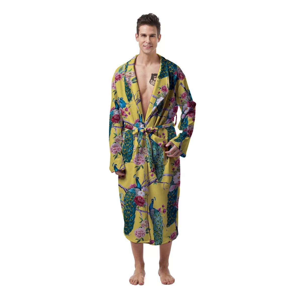 Peacock Vintage Watercolor Print Pattern Men's Robe-grizzshop