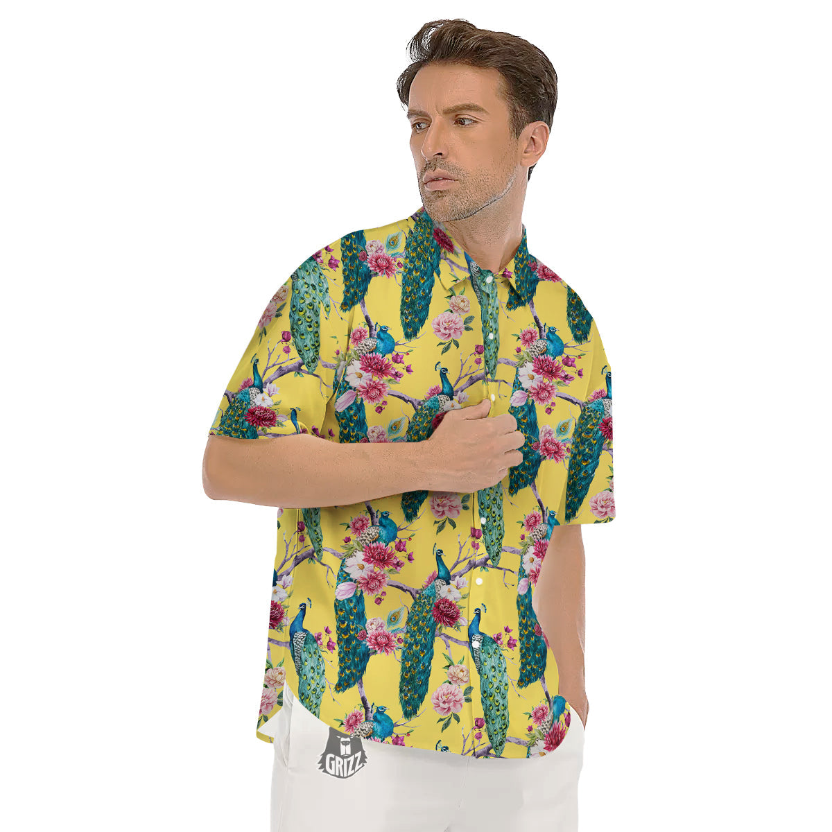 Peacock Vintage Watercolor Print Pattern Men's Short Sleeve Shirts-grizzshop