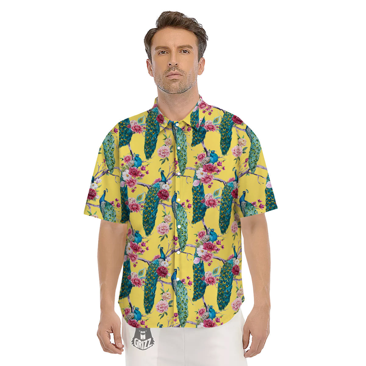Peacock Vintage Watercolor Print Pattern Men's Short Sleeve Shirts-grizzshop