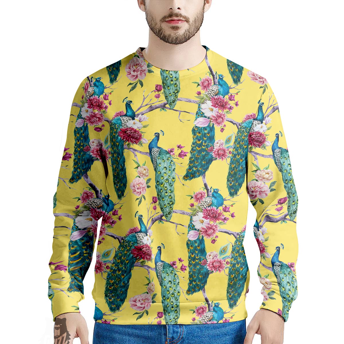 Peacock Vintage Watercolor Print Pattern Men's Sweatshirt-grizzshop