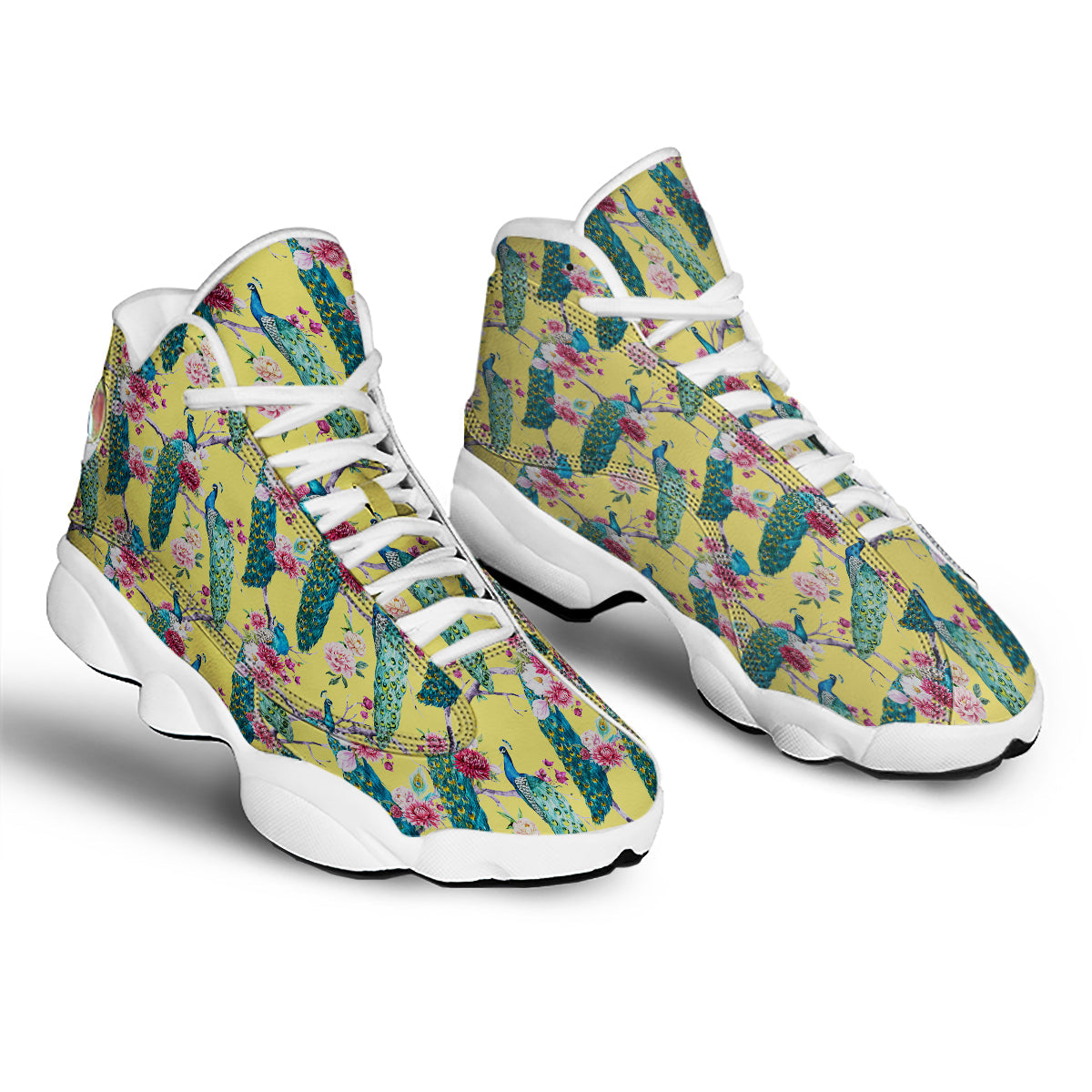 Peacock Vintage Watercolor Print Pattern White Basketball Shoes-grizzshop
