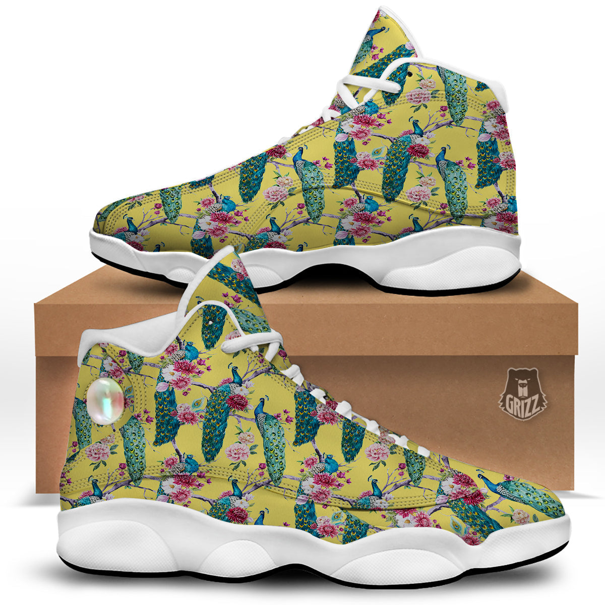 Peacock Vintage Watercolor Print Pattern White Basketball Shoes-grizzshop