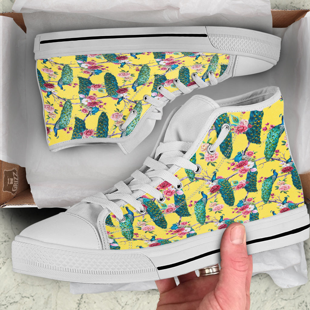 Peacock Vintage Watercolor Print Pattern White High Top Shoes-grizzshop