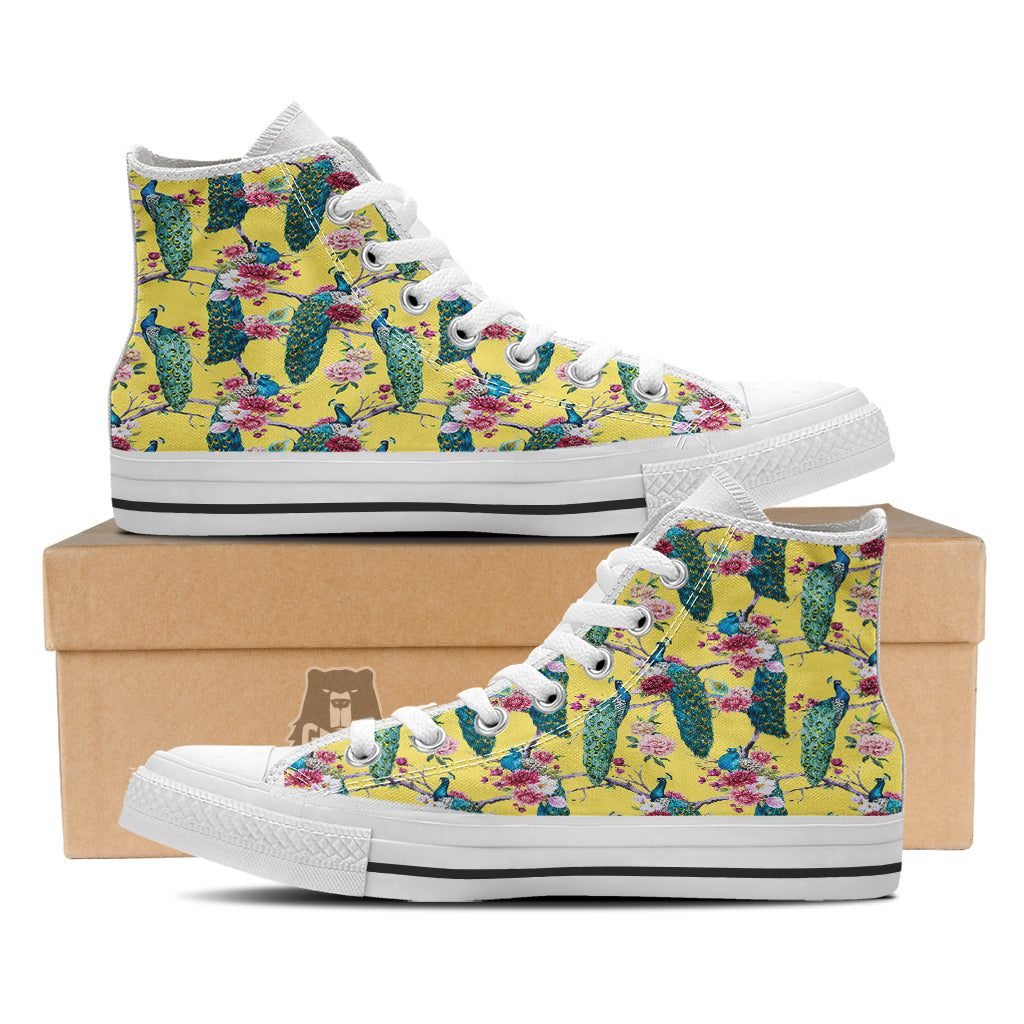 Peacock Vintage Watercolor Print Pattern White High Top Shoes-grizzshop