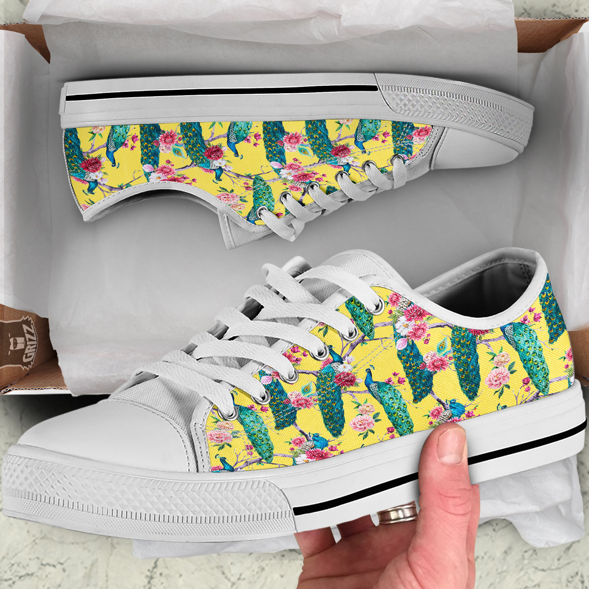 Peacock Vintage Watercolor Print Pattern White Low Top Shoes-grizzshop