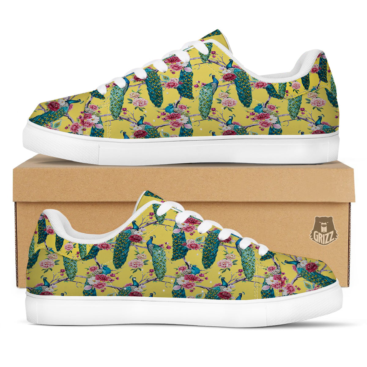 Peacock Vintage Watercolor Print Pattern White Low Top Sneakers-grizzshop