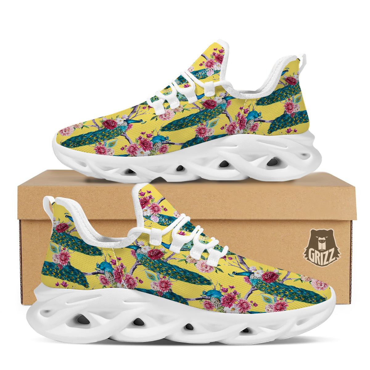 Peacock Vintage Watercolor Print Pattern White Running Shoes-grizzshop