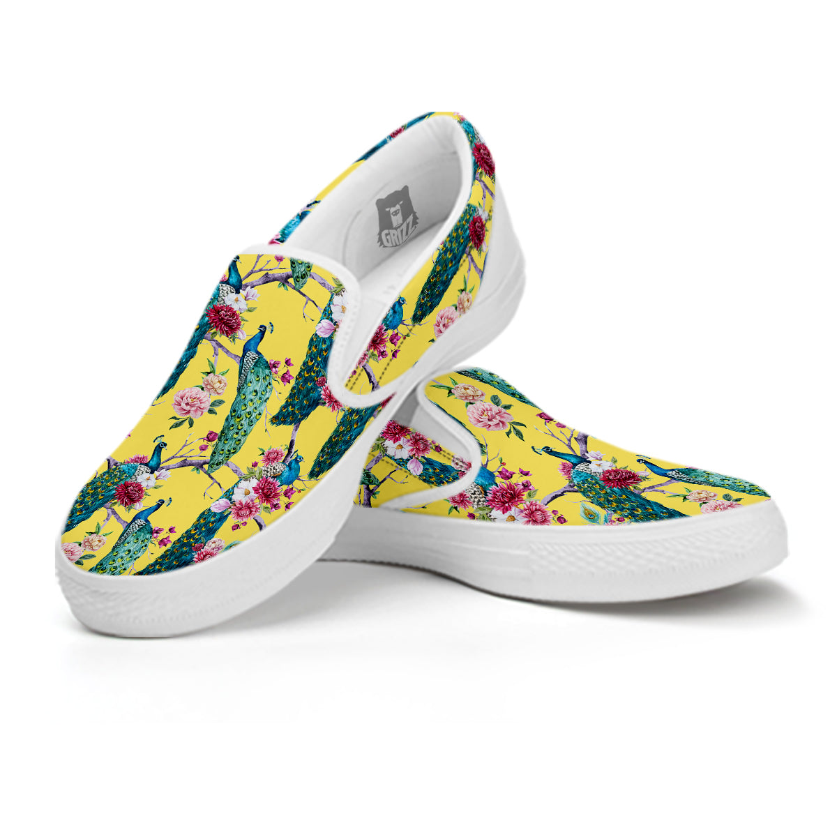 Peacock Vintage Watercolor Print Pattern White Slip On Shoes-grizzshop