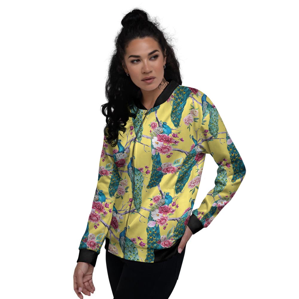 Peacock Vintage Watercolor Print Pattern Women's Bomber Jacket-grizzshop