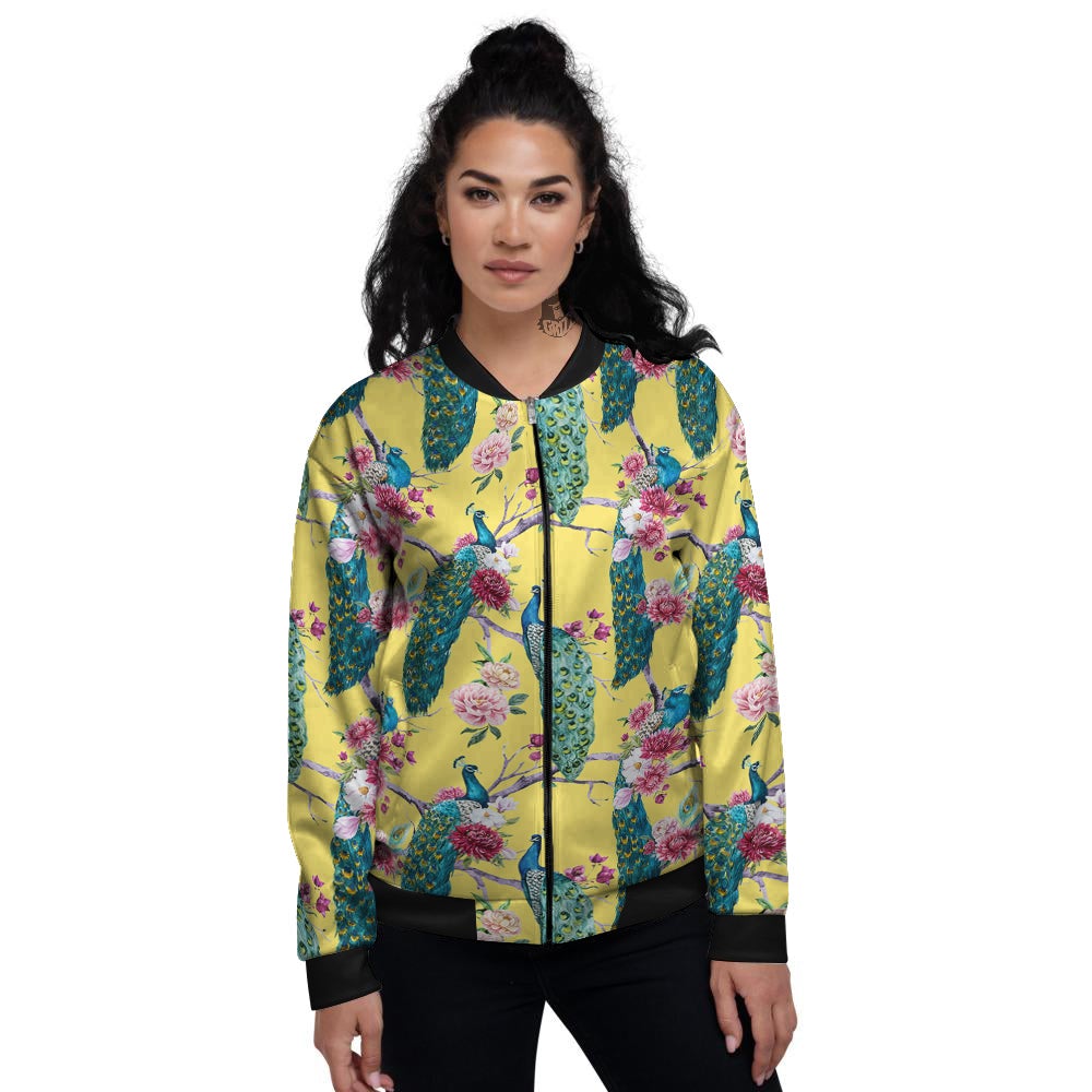 Peacock Vintage Watercolor Print Pattern Women's Bomber Jacket-grizzshop