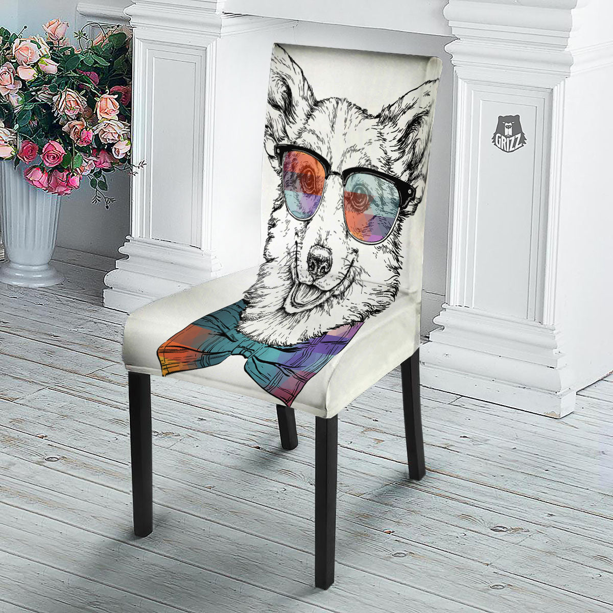 Pembroke Welsh Corgi Hipster Print Dining Chair Slipcover-grizzshop