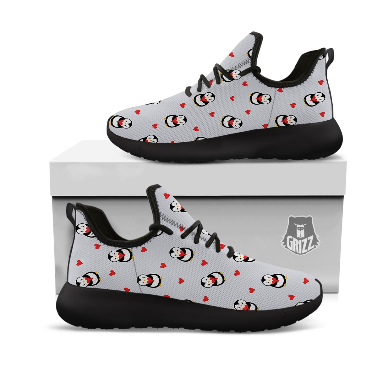 Penguin And Red Heart Print Pattern Black Athletic Shoes-grizzshop