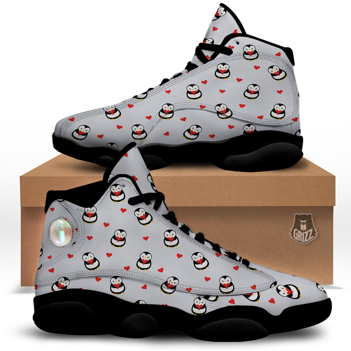 Penguin And Red Heart Print Pattern Black Basketball Shoes-grizzshop
