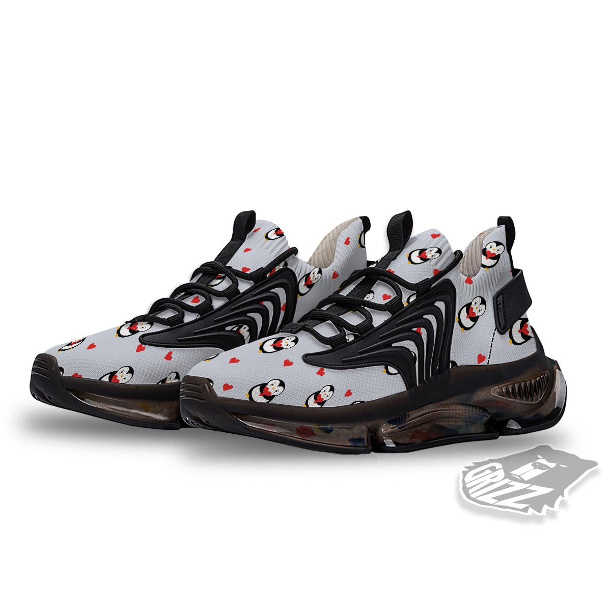 Penguin And Red Heart Print Pattern Black Gym Shoes-grizzshop