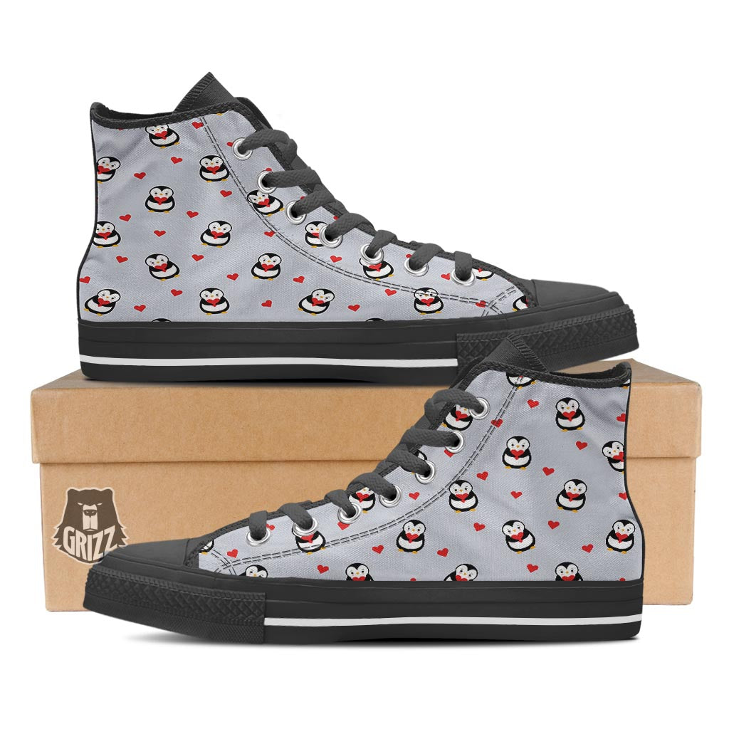 Penguin And Red Heart Print Pattern Black High Top Shoes-grizzshop