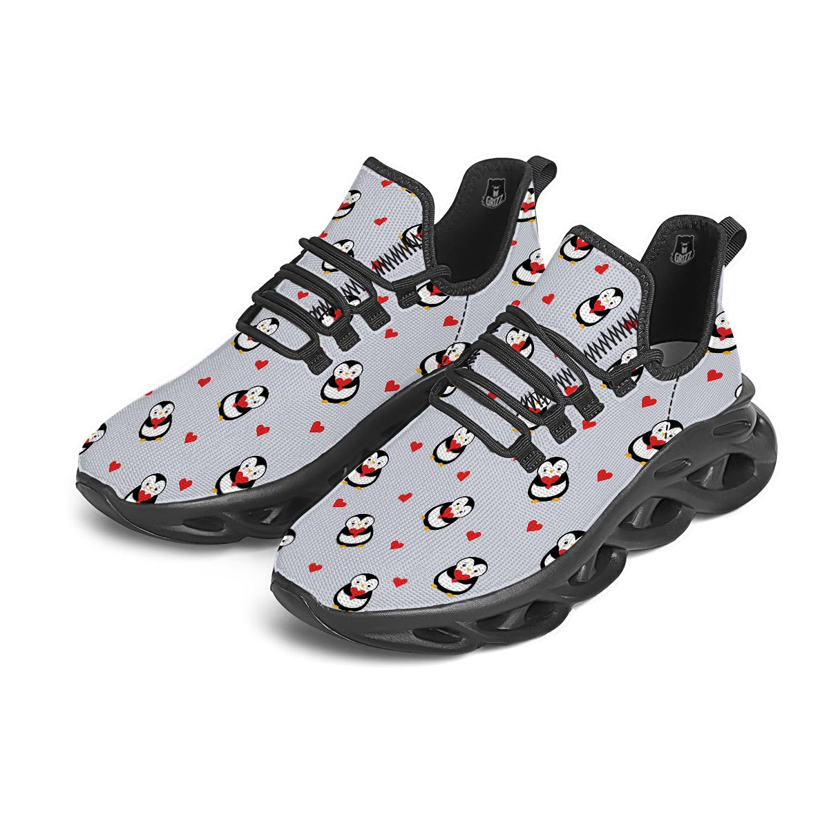 Penguin And Red Heart Print Pattern Black Running Shoes-grizzshop