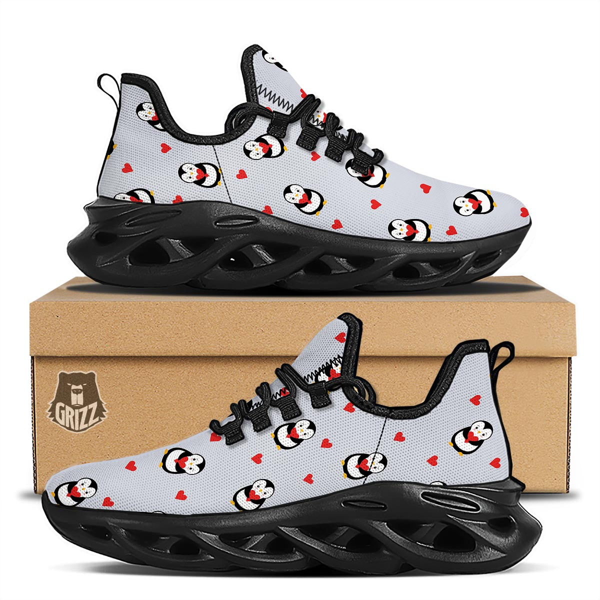 Penguin And Red Heart Print Pattern Black Running Shoes-grizzshop