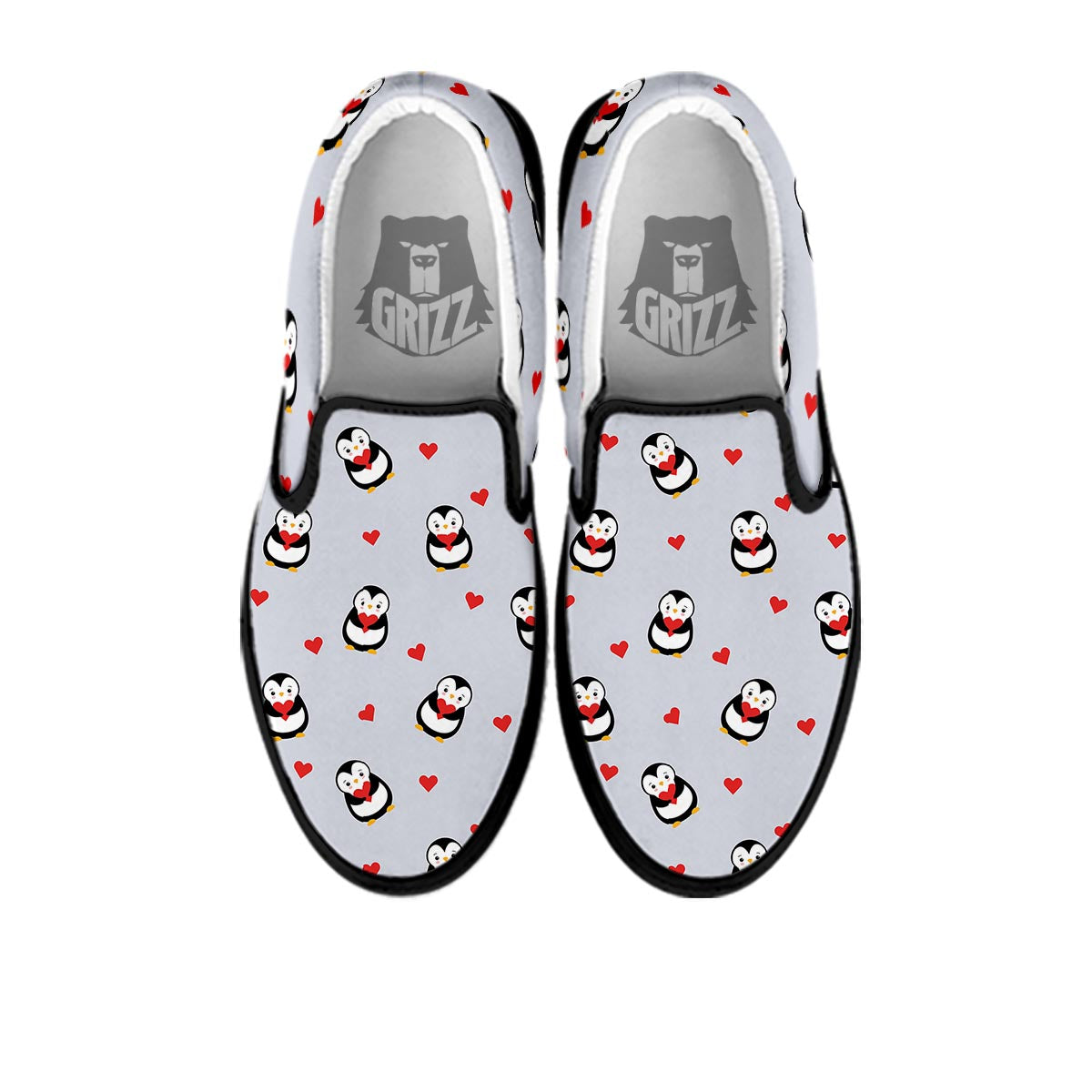 Penguin And Red Heart Print Pattern Black Slip On Shoes-grizzshop