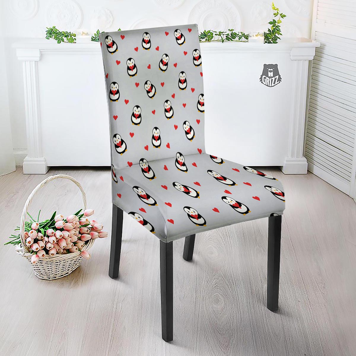 Penguin And Red Heart Print Pattern Dining Chair Slipcover-grizzshop