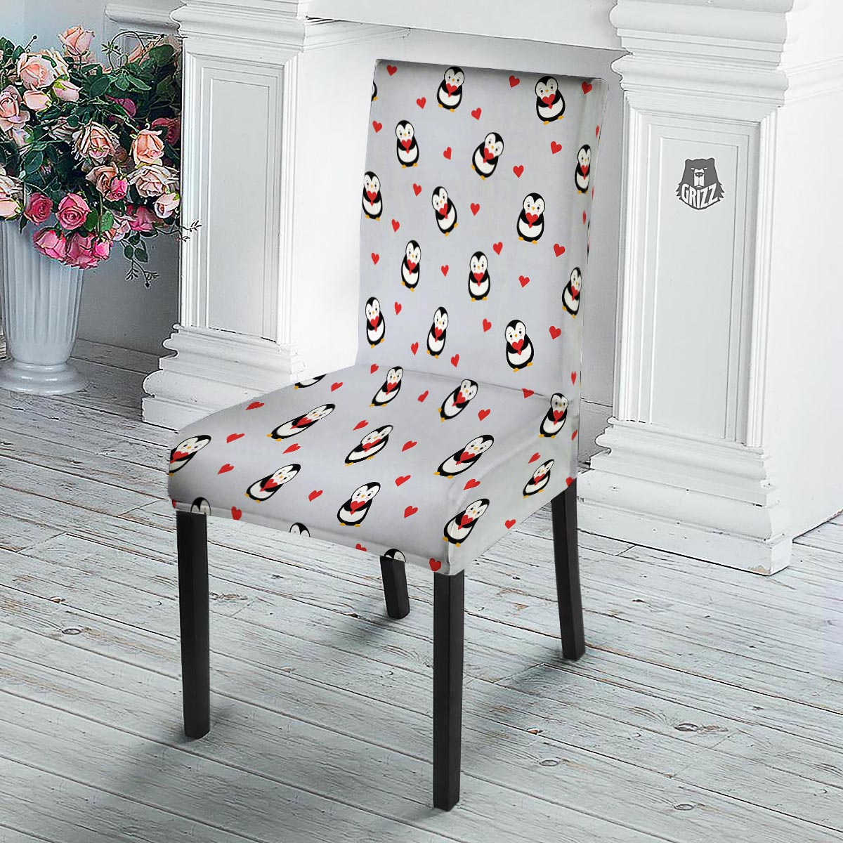 Penguin And Red Heart Print Pattern Dining Chair Slipcover-grizzshop