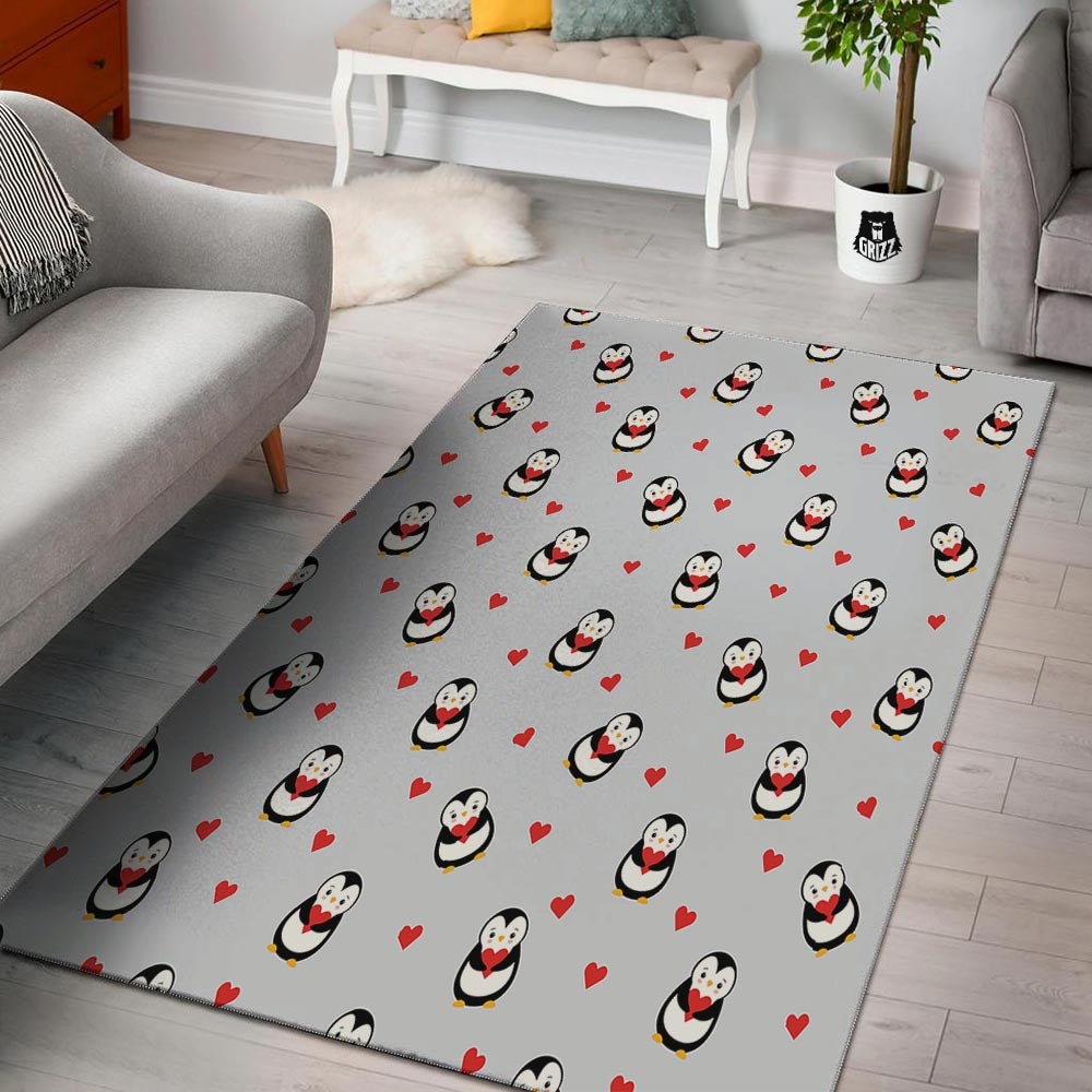 Penguin And Red Heart Print Pattern Floor Mat-grizzshop