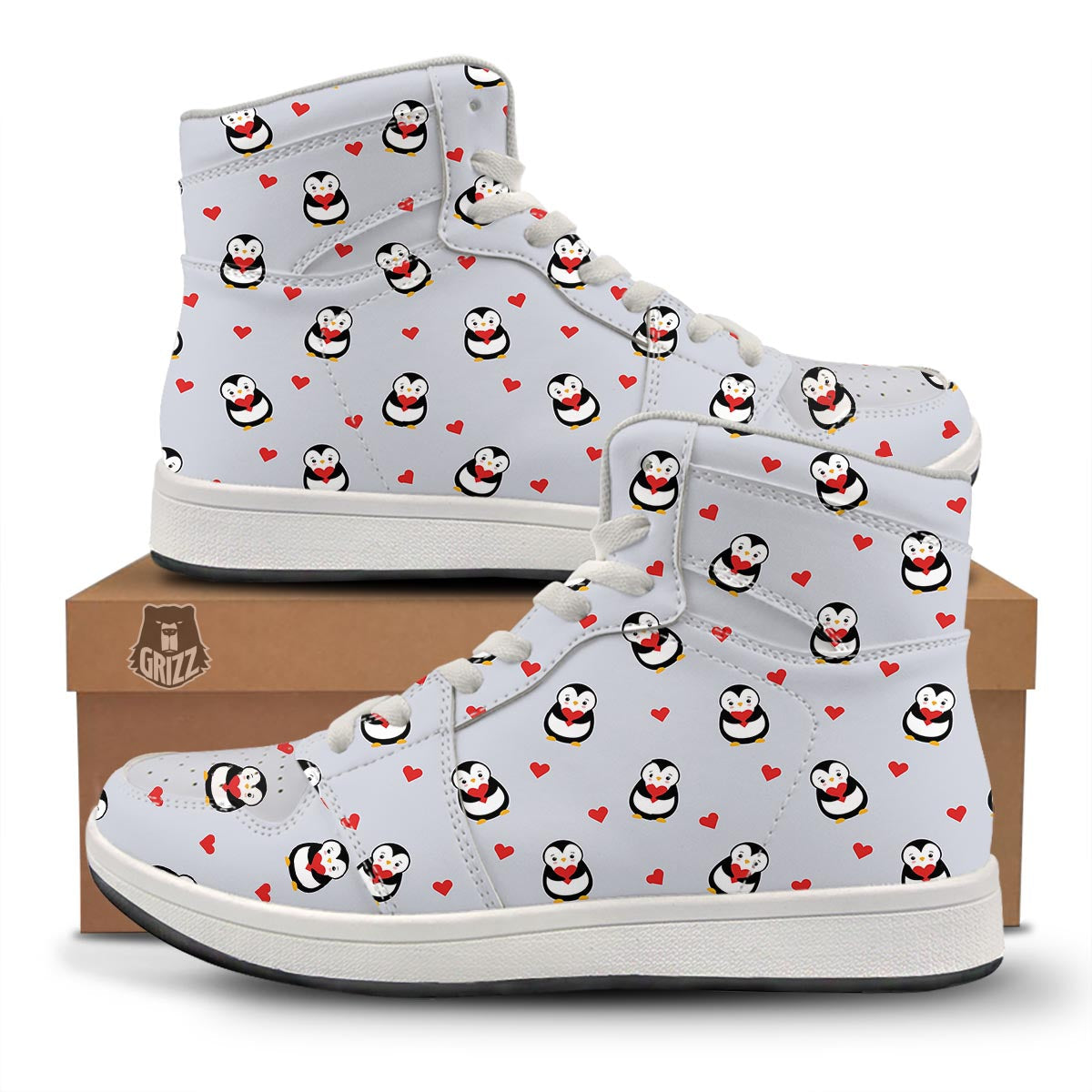 Penguin And Red Heart Print Pattern High Top Sneakers-grizzshop