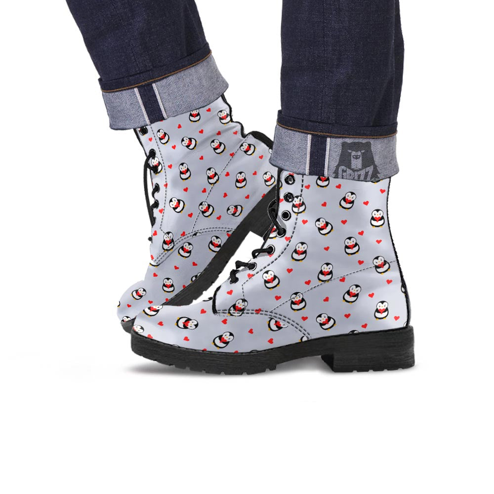 Penguin And Red Heart Print Pattern Leather Boots-grizzshop