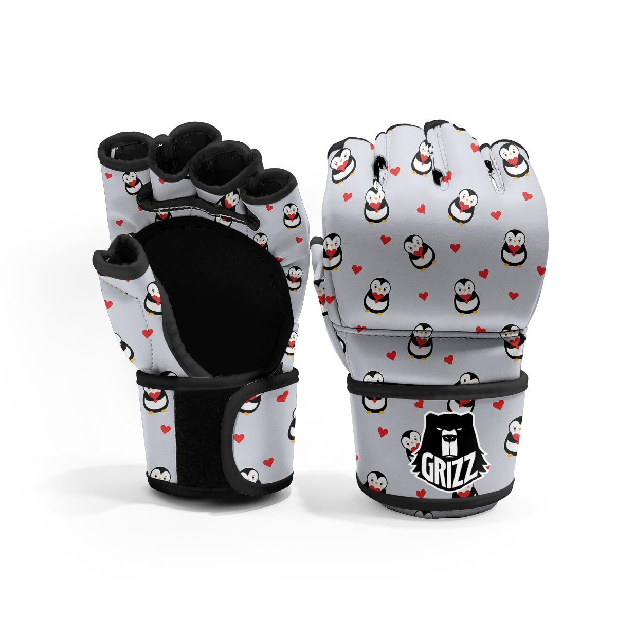 Penguin And Red Heart Print Pattern MMA Gloves-grizzshop