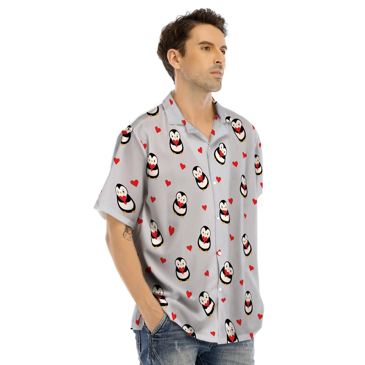 Penguin And Red Heart Print Pattern Men's Hawaiian Shirt-grizzshop