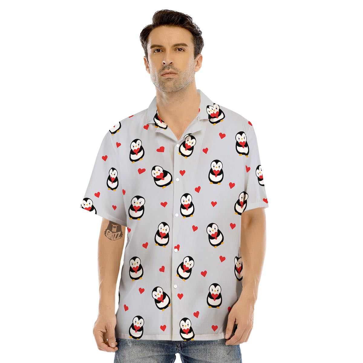 Penguin And Red Heart Print Pattern Men's Hawaiian Shirt-grizzshop