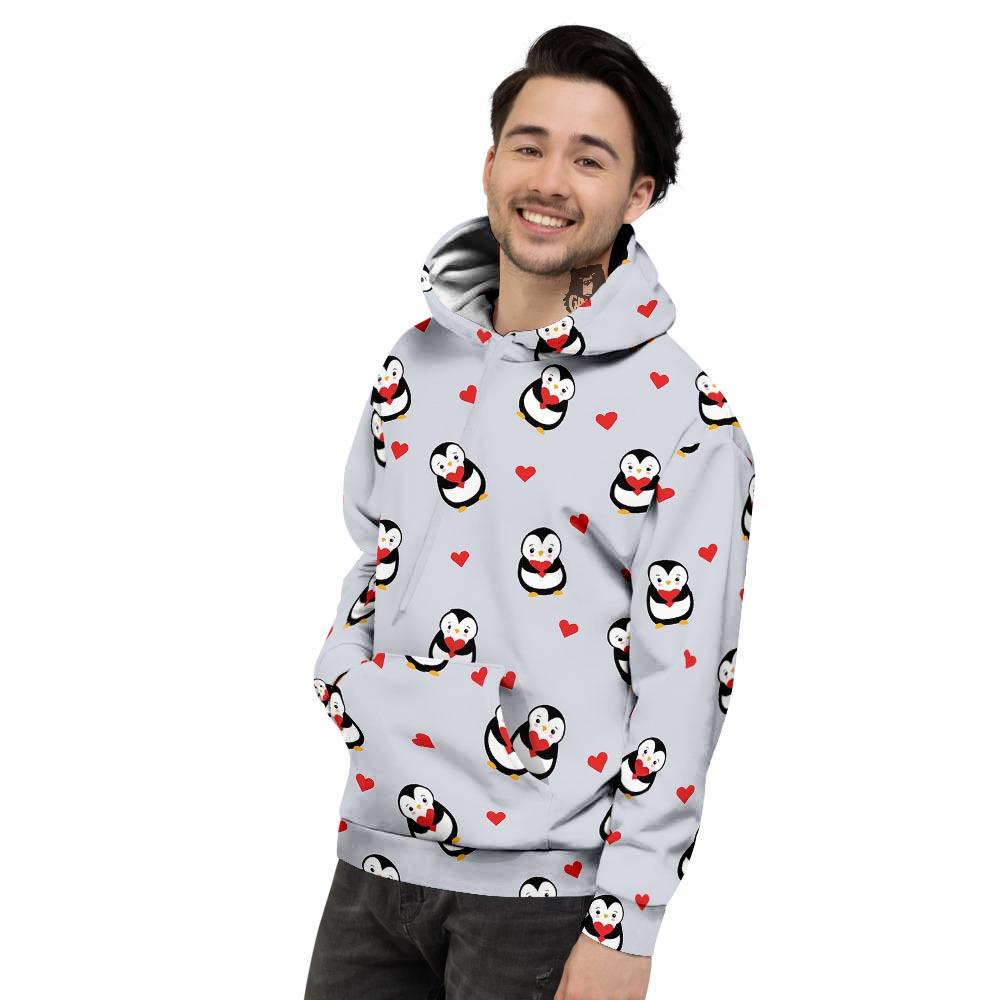 Penguin And Red Heart Print Pattern Men's Hoodie-grizzshop