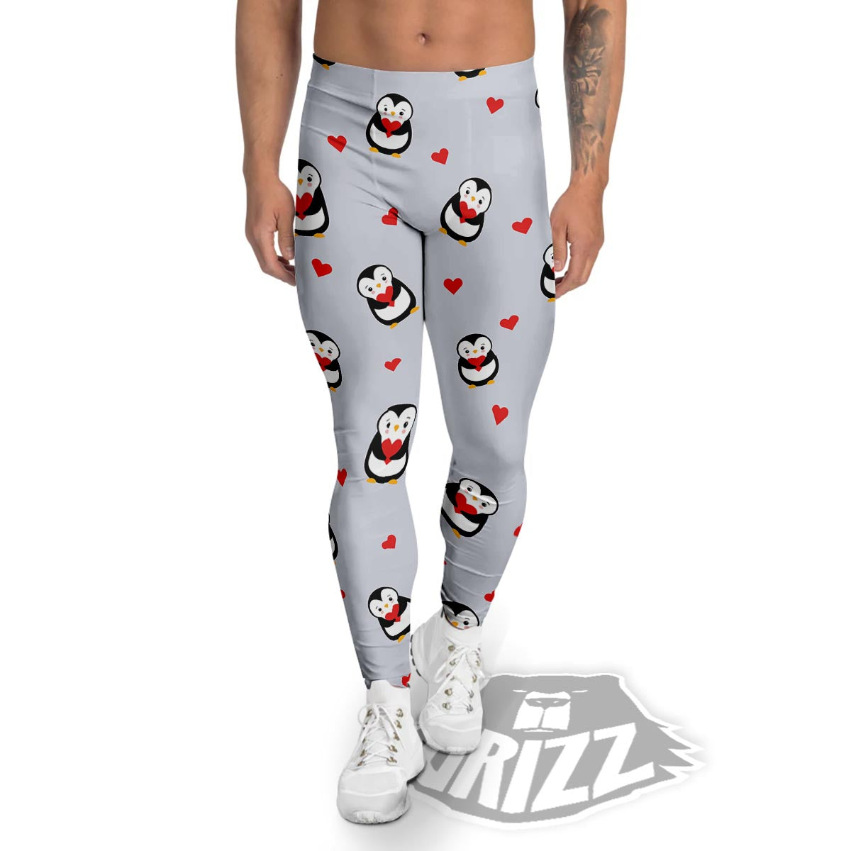 Penguin And Red Heart Print Pattern Men's Leggings-grizzshop