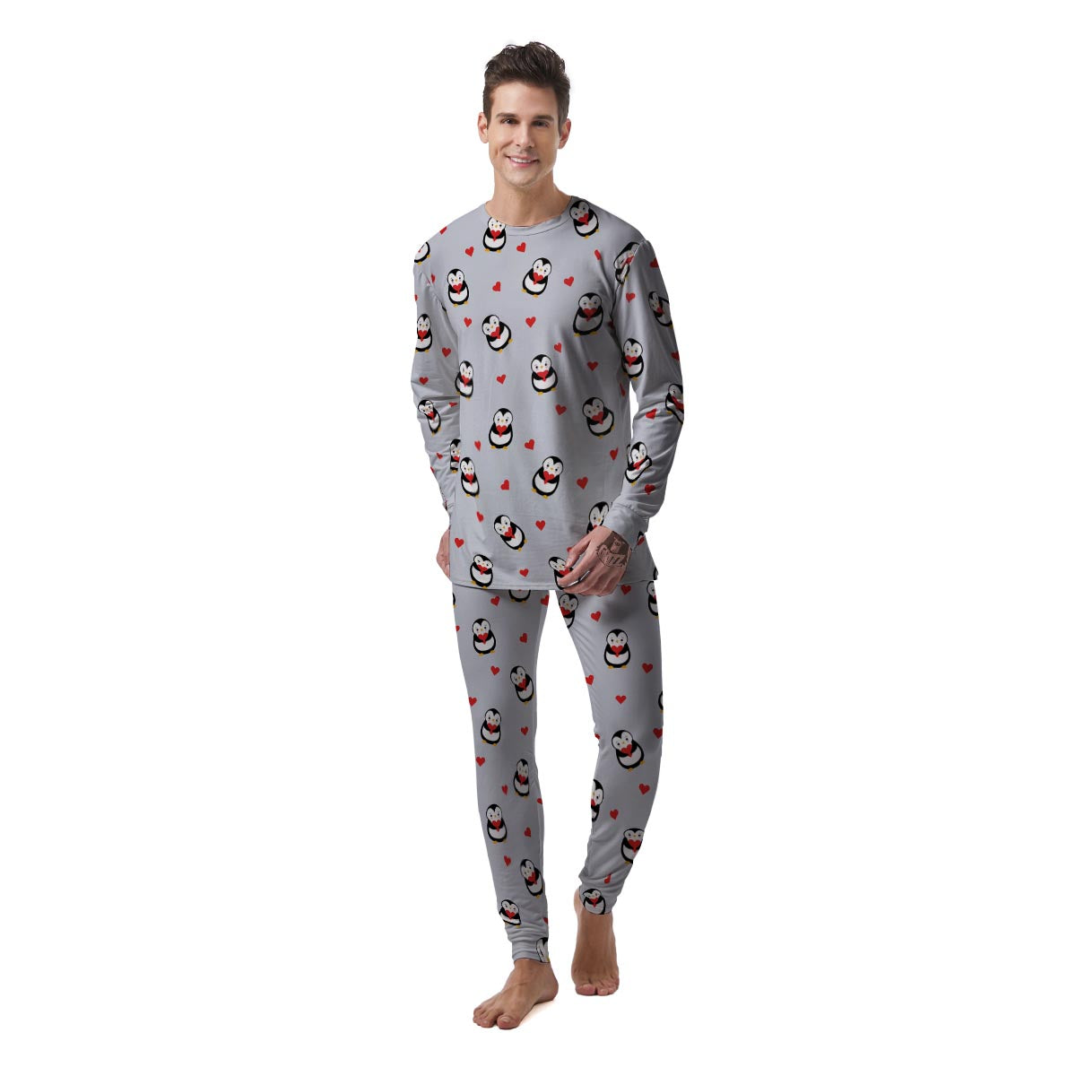 Penguin And Red Heart Print Pattern Men's Pajamas-grizzshop