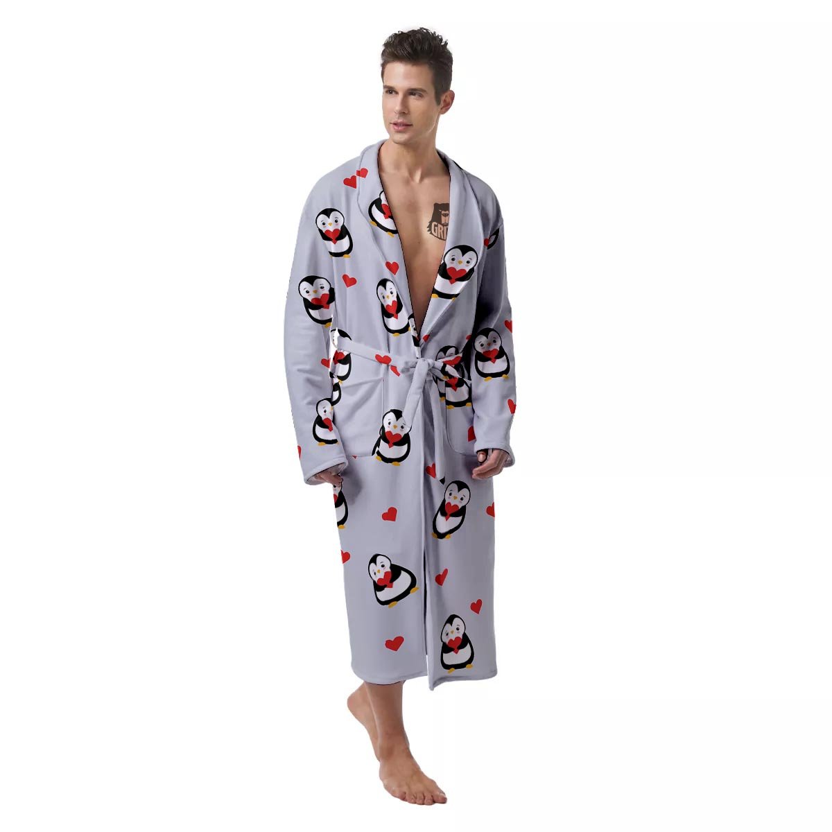 Penguin And Red Heart Print Pattern Men's Robe-grizzshop