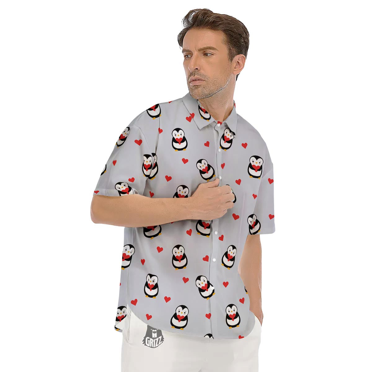 Penguin And Red Heart Print Pattern Men's Short Sleeve Shirts-grizzshop